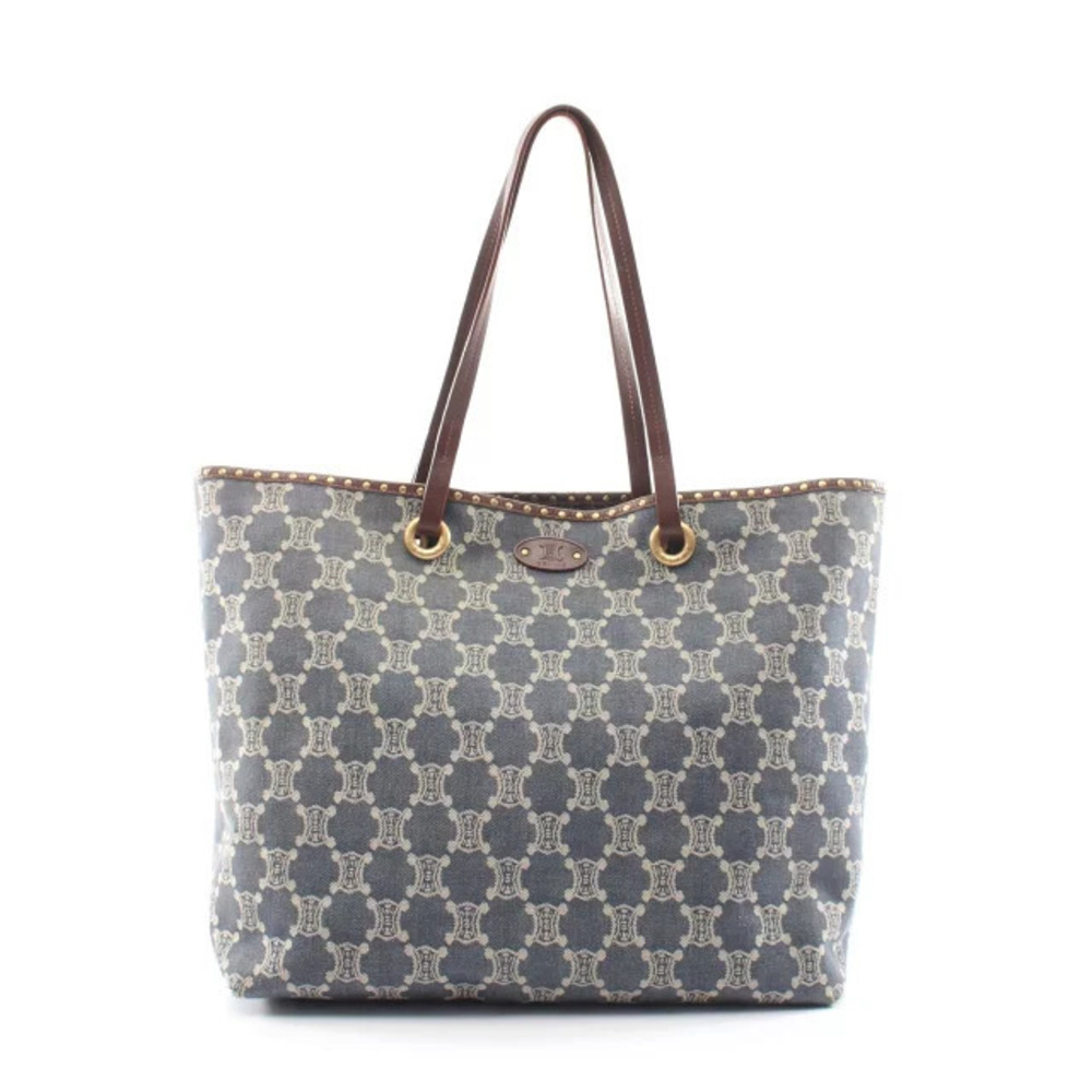Celine Paris Macadam Tote Bag Denim Leather Navy Blue Ivory White Brown